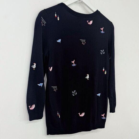 Talbots Nautical Embroidered Theme Navy Blue Long Sleeve Crew Knit Sweater - Picture 8 of 12